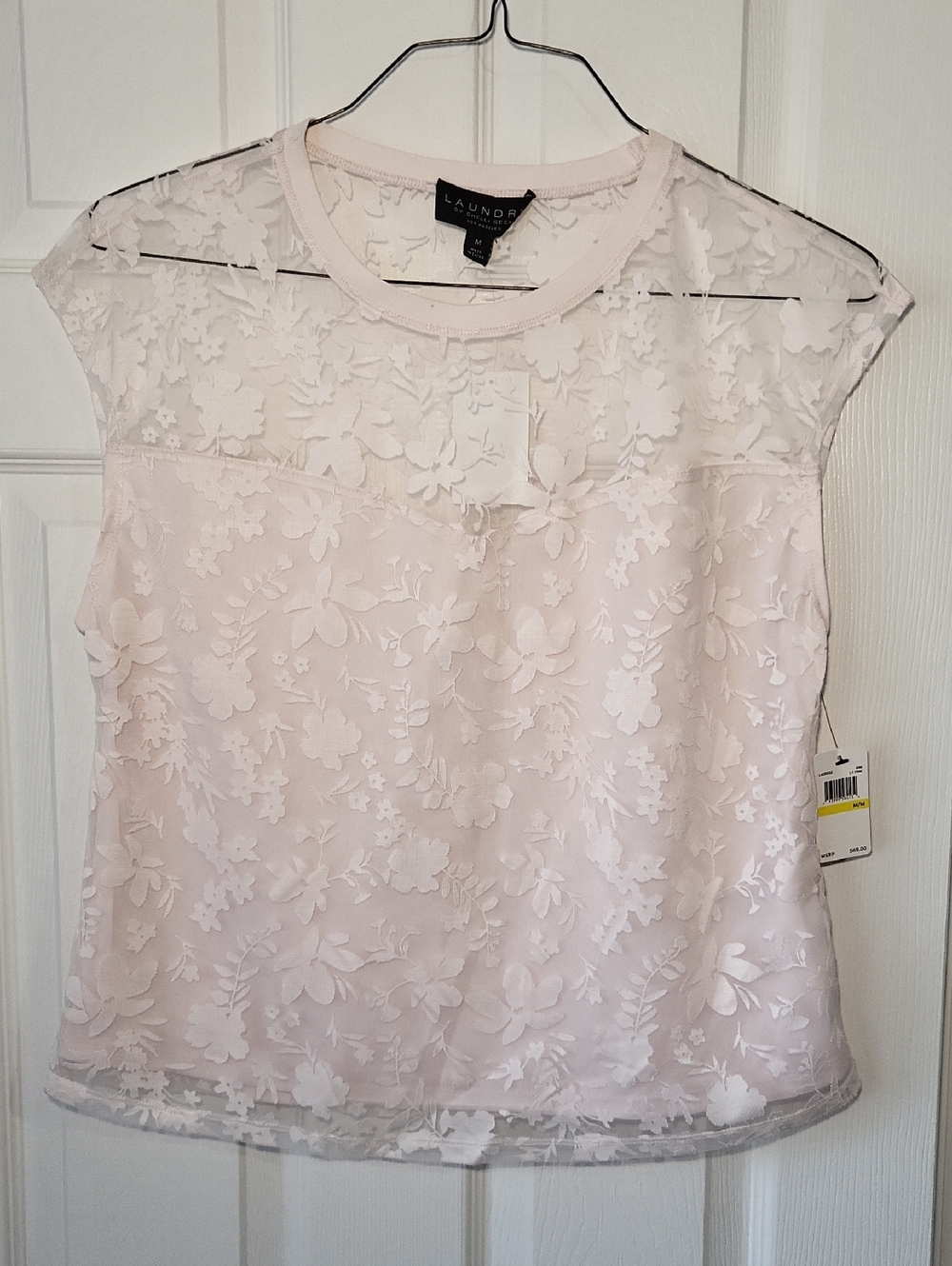 NWT Laundry By Shelli Segal Pale Pink Floral Lace Cap Sleeve Blouse Size M